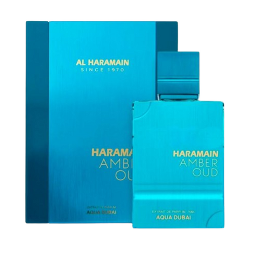 Al Haramain Amber Oud Aqua Dubai frasco y caja