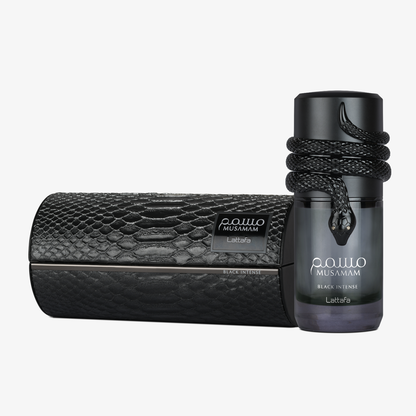 Lattafa Musamam Black Intense frasco y caja