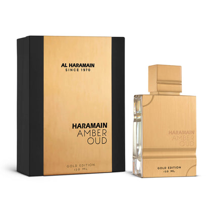 Al Haramain Amber Oud Gold Edition 120 ml, frasco y caja
